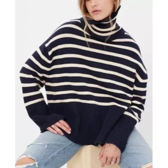 GAP Split Hem Turtleneck Sweater XL Navy Blue White Stripe Cotton Oversized NEW - Picture 1 of 9